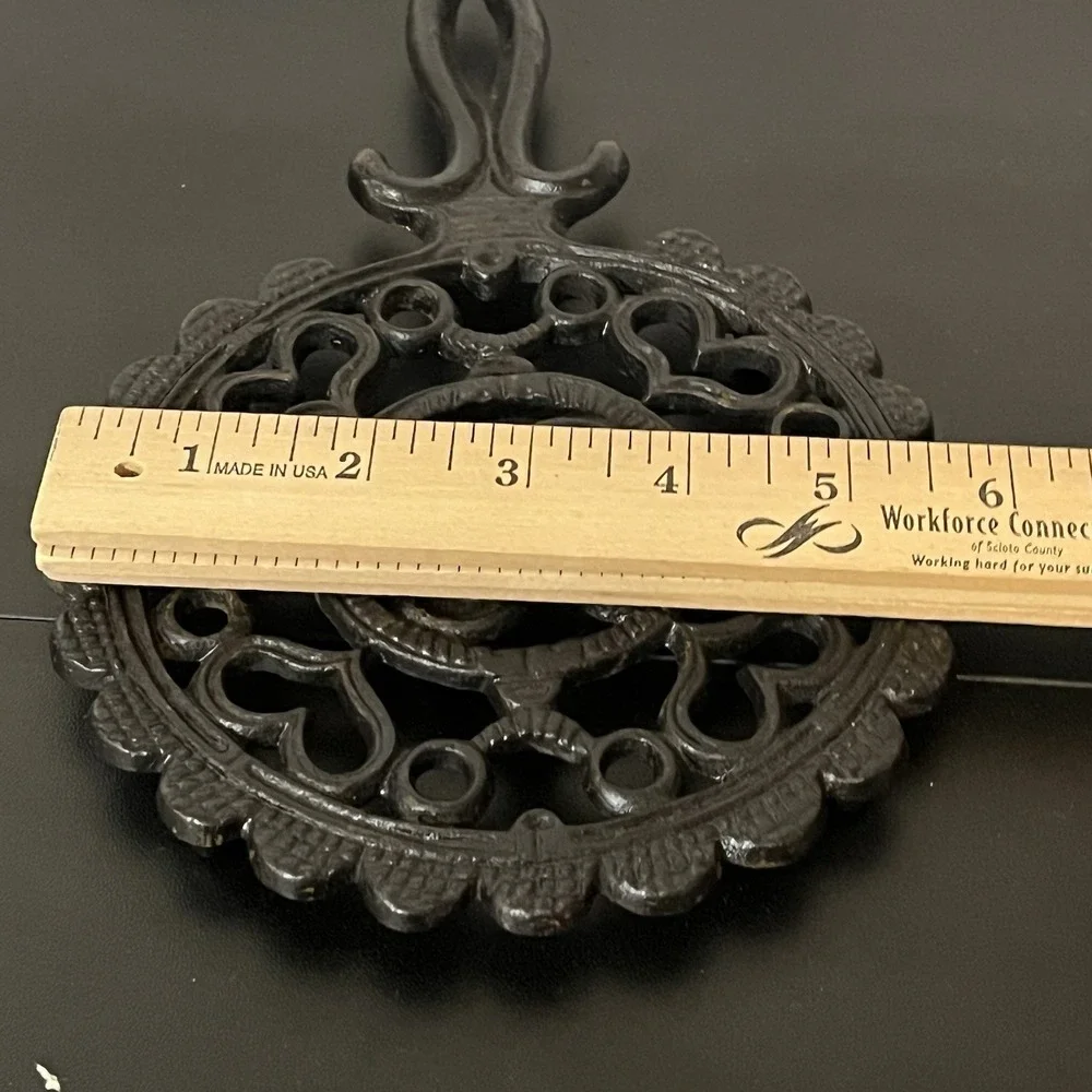Vintage Cast Iron Trivet Footed 1952 JHZ Fan Hearts Scalloped Design